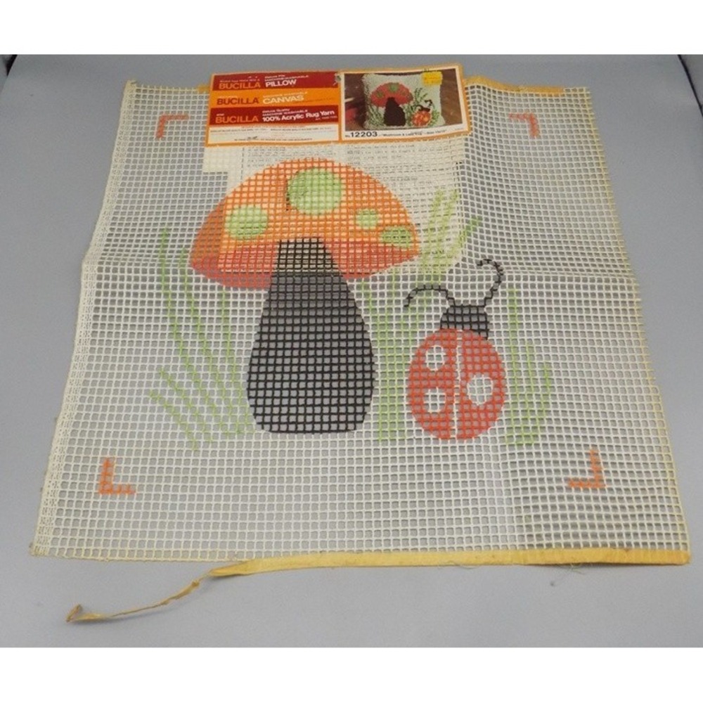 Vintage Bucilla Mushroom & Lady Bug Pillow Latch Hook Rug Wall Hanging Canvas